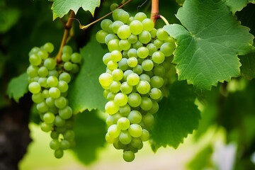 Fototapeta premium Green grapes growing in vineyard, ready for harvest, wine production concept