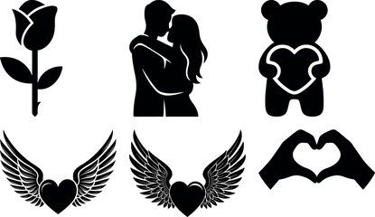 Romantic Love Silhouettes Collection with Hugging Couple, Winged Hearts, Teddy Bear and Heart Hand Gesture