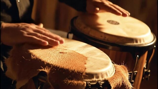 Hands Playing Bongo Drums Close-up.