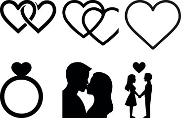 Romantic Valentine's Day Silhouette Set Featuring Kissing Couple, Interlocking Hearts and Engagement Ring Vector