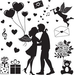 Artistic Valentine's Day Silhouette Art with Angelic Couple, Trumpeting Cupid, Heart Balloons and Floral Bouquet