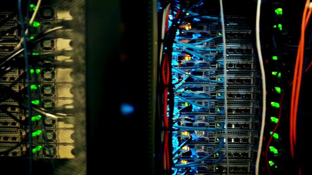 Rack of network servers with colorful cables and glowing blue lights
