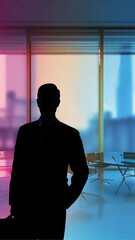 Visionary leader's silhouette gazes upon a dynamic urban landscape from a high-rise executive suite
