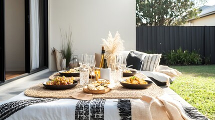 Outdoor Dining Table Setting with Food and Wine image