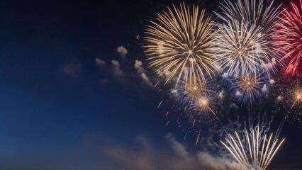 Colorful fireworks exploding in night sky during celebration  
