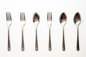 Forks and spoons arranged on a white background creating an elegant composition, ideal for culinary or hospitality themes