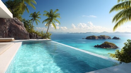 Obraz premium Luxurious pool overlooks the turquoise ocean, framed by palm trees, rocky cliffs, and tropical islands under a bright sky
