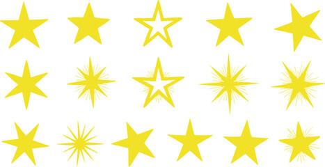 Obraz premium Yellow Star Icon Collection Set Featuring Various Hand Drawn Sparkles Twinkles and Shining Celestial Shapes for Festive Graphic Design Projects