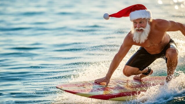 Senior man surfing on a wave while wearing a Santa hat, Santa Claus surfer - Powered by Adobe