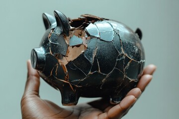 Black hand holding a broken piggy bank on a bright background, representing the concept of financial loss or repair, Generative AI