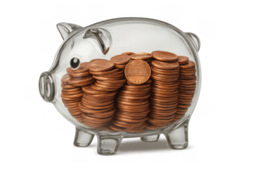 Piggy bank filled with copper coins, saving money for future goals, investing in financial security and growth