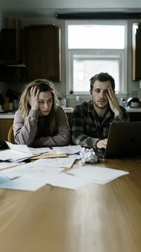 Overwhelmed couple feeling anxious about their financial problems, calculating household expenses, paying bills online with a laptop, and dealing with the rising cost of living at home