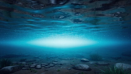 Obraz premium Serene underwater scene showing sandy ocean floor with rocks, sparse seagrass, and beautiful caustics from sunlight penetrating the water surface. Calm and peaceful marine background. High-quality ima