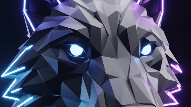 Geometric Wolf Head with Neon Lights Digital Art.