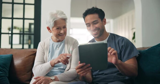 Happy, caregiver and senior woman with tablet for good news, medical results and diagnosis. Smile, nurse or elderly person with digital for healthcare report, browsing web and assisted living in home