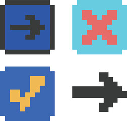 Fototapeta premium Pixel art arrow and symbol icons set with check mark cross and directional arrows retro game style interface elements