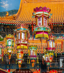 Fototapeta premium Colorful lamps in a taoist temple in Hong Kong, Special administrative region, China