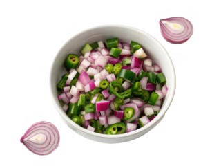 Finely diced vibrant red onion and bright green jalapeño peppers are neatly arranged within a smooth, ceramic white bowl, presented with a clean, high-key, isolated on transparent background.