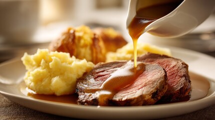 Savory roast beef slices plated with creamy mashed potatoes, a golden baked roll, and rich gravy being poured