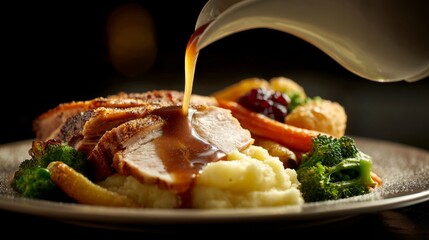 A plate of roasted meat, vegetables, and potatoes is drenched in gravy. Steam rises, highlighting the textures