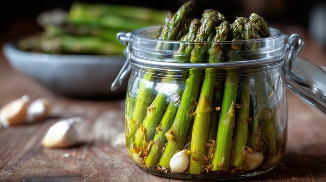 Bocal d'asperges marin&eacute;es avec &eacute;pices et ail sur table en bois