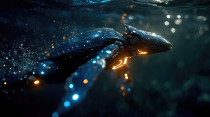 Alien Sea Creature with Metallic Fins and Bioluminescent Glow
