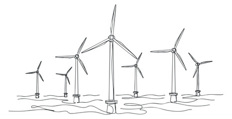 A collection of wind turbines in a minimalist outline vector style, ideal for renewable energy and environmental themes