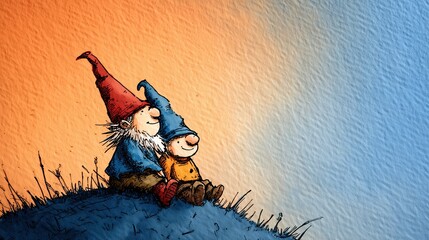 Deux gnomes assis contemplent ensemble un coucher de soleil color&eacute;