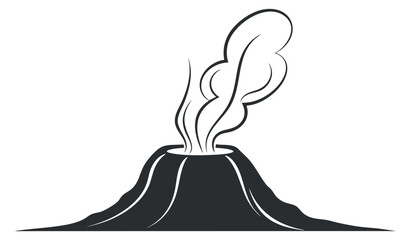 A stylized volcano with erupting smoke in black and white outline vector style, suitable for educational materials and environmental themes