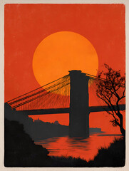 Obraz premium Vintage brooklyn bridge silhouette at sunrise with orange sky