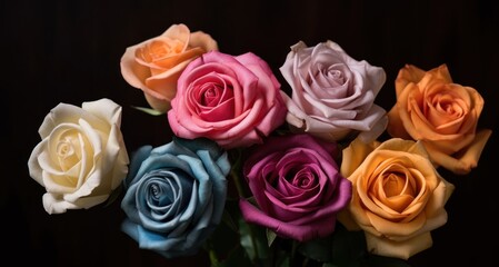 Naklejka premium Bouquet of multicolored roses on a black background. Rose. Valentine day with Copy Space. Mothers Day Concept. Springtime Concept. 