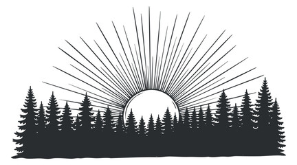 A silhouette of a forest with a rising sun and rays in minimalist black and white vector style, perfect for nature-themed designs
