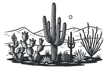 A collection of various cacti and desert plants in a black and white illustrative style, perfect for nature-themed designs