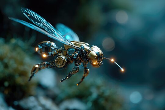 A small, flying alien drone resembling an insect, hovering an alien environment