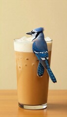 Modern Iced Coffee Background with Blue Jay Plumage and Clean Insect Border