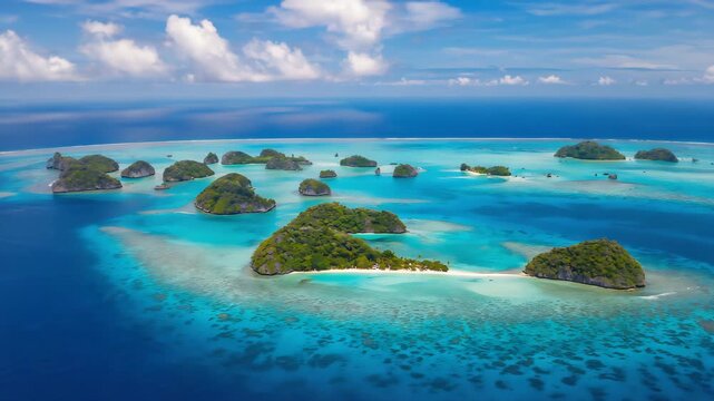 Aerial view of rock islands southern lagoon in palau with turquoise water and lush green tropical islands