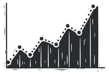 A line graph showing upward trends with dotted lines and bars in a textured black and white vector style, suitable for business presentations and reports