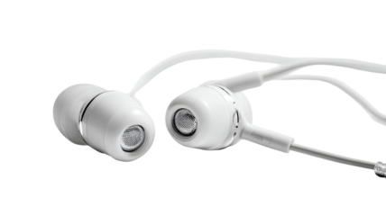 White wired earphones close up showing modern audio accessory with cable detail for personal music listening isolated on white background