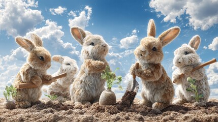 Five fluffy rabbits, tools in paws, planting a tiny seedling in rich, dark soil under a bright, sunny blue sky