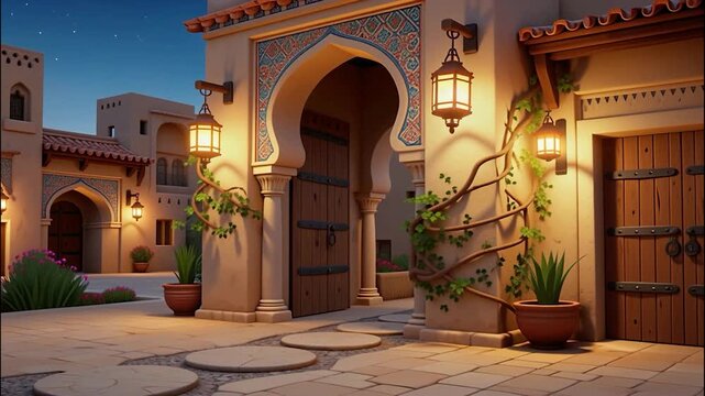 Moroccan architecture with arched doorways, lanterns, and potted plants at dusk create ambiance.