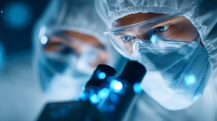 Clad in protective clothing, two scientists focus intently on a microscope in a modern laboratory. Their work explores the mysteries of the microscopic world, revealing unknown complexities