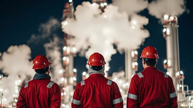 Workers in Red Safety Gear Observing Oil Refinery at Night with Smoke and Gas Towers