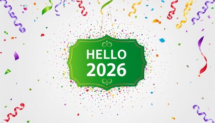 Vibrant Hello 2026 celebration with colorful confetti and ribbons