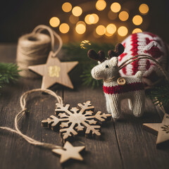 Festive Christmas Craft Scene with Knitted Reindeer Ornament