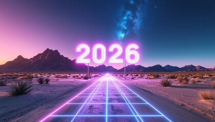 Futuristic desert road with neon grid and 2026 sign under starry sky