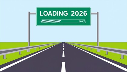 Futuristic highway road leading into 2026 with loading progress bar