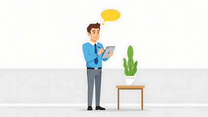 Business Professional Jotting Notes on a Digital Tablet While Standing Next to a Potted Plant in a Minimalist Office Space