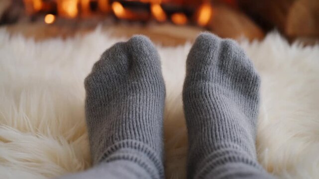 First-person view of feet in gray knitted socks on a white fur rug in front of a blurred fireplace flame, concept of tactile comfort by the fire