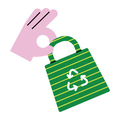 Hand Holding Green Reusable Tote Bag With Recycling Symbol.
