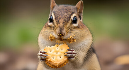 Adorable chipmunk enjoying a peanut butter cracker snack, capturing a delightful moment of wildlife in its natural habitat with a playful, charming expression